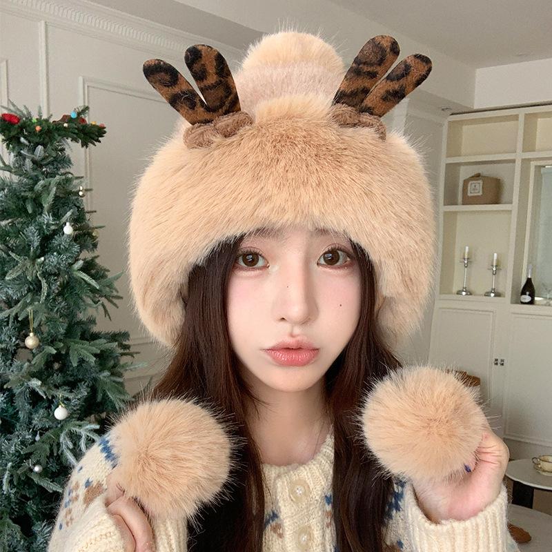 Thick Velvet Lei Feng Hat for Women In Autumn and Winter Cute Deer Antler Fur Ball Warm Ear Protection Hat Outdoor Cold Proof Plush Hat