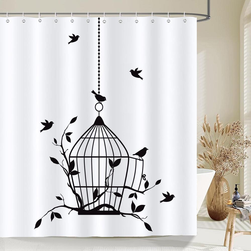 

Nordic Minimalist Art Printing Shower Curtain, Waterproof Fabric Flower And Leaf Bird Pattern Bathroom Curtain For Bathtub Decor W60H190(CM)-1 Pcs