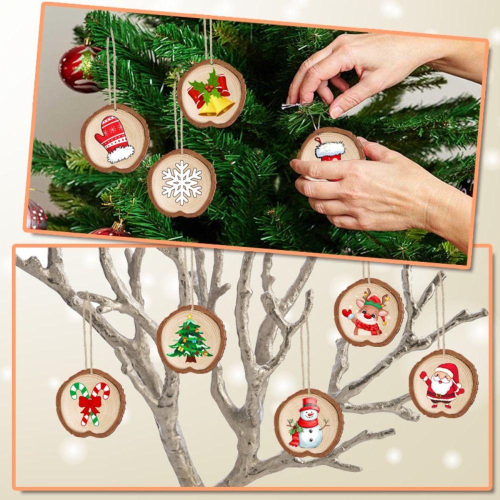 18pcs/set Vintage Christmas Tree Wood Pendant Cartoon Xmas Tree Hanging Ornament New Year