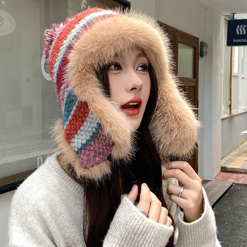 Warm Knitted Hat Women's Winter Color Striped Lei Feng Hat Outdoor Plush Hat