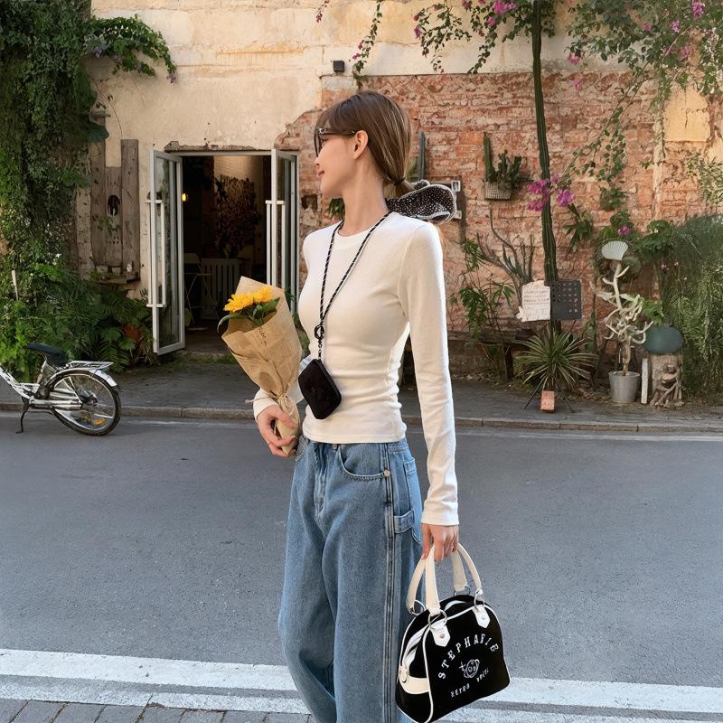 2025 Women's Slim Fit Long Sleeve Straight Shoulder T-shirt - Autumn/Winter Base Layer