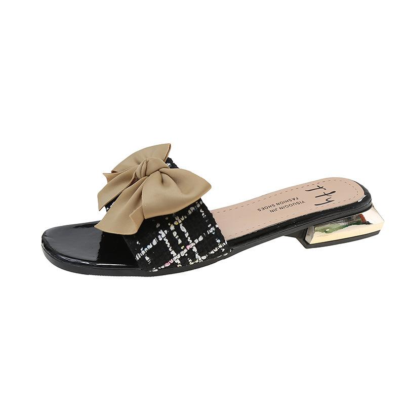 High heels women's summer 2024 new square head temperament bow low heel one-word drag small fragrant style outer slippers