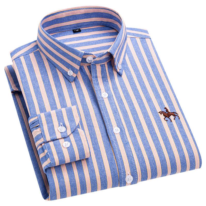 Basic Oxford Dress Shirt For Men Long Sleeve Cotton Solid Casual Plaid Striped Social Business Male