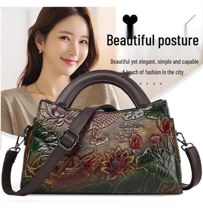 2025 Retro Glücksfischmuster Chinesische Handtasche - Großes Fassungsvermögen, Texturiert, Lässige Damentasche