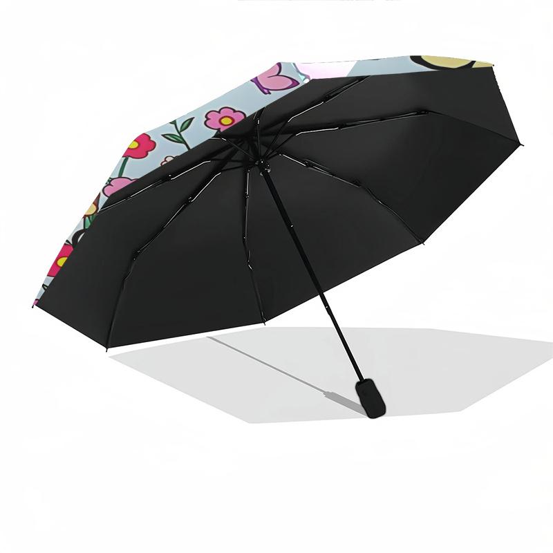 1pc Hello Kitty & Little Twin Stars Automatic Folding Umbrella - Portable 3-Fold Design with 8-Rib Iron Frame, Perfect for Outdoor Use, Festive Gifts,