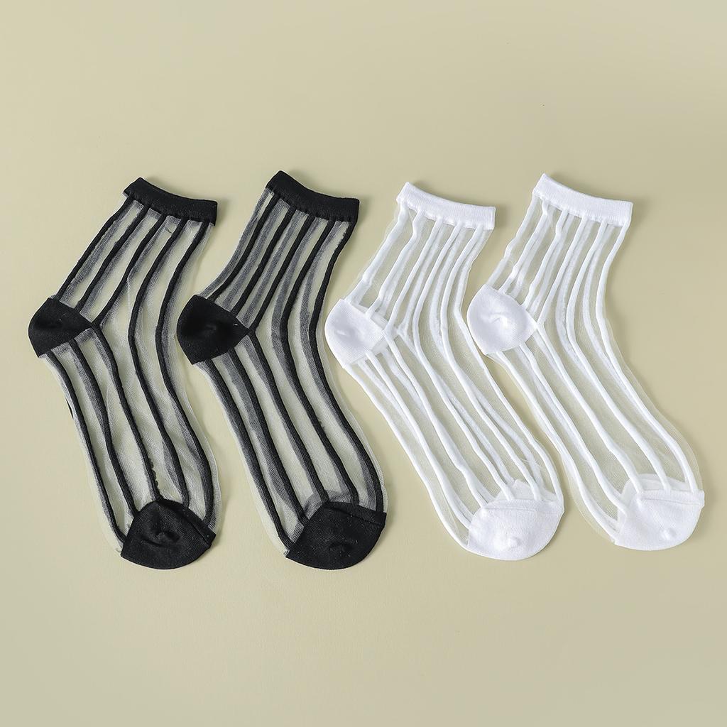 2 Pairs Women Heart Stripe Polka Dots Pattern Sheer Silk Socks Spring Summer Breathable Thin Transparent Crew Socks