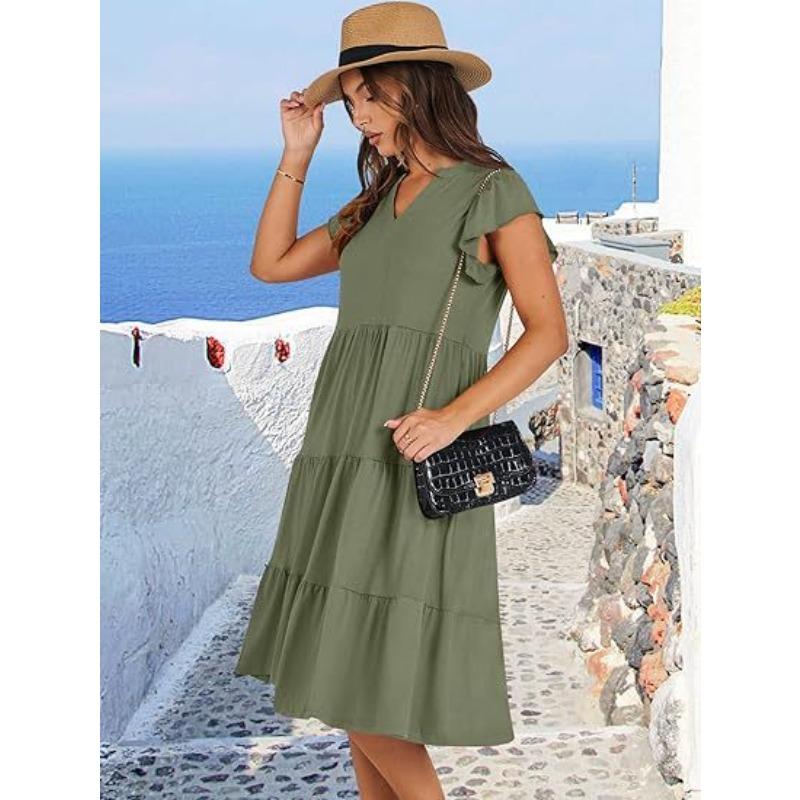 V-neck Fashion Elegant Summer Lotus Leaf Sleeve Dress Large Swing Pocket Party Dress Solid Color Casual Sweet Mid Length Splicing Dresses