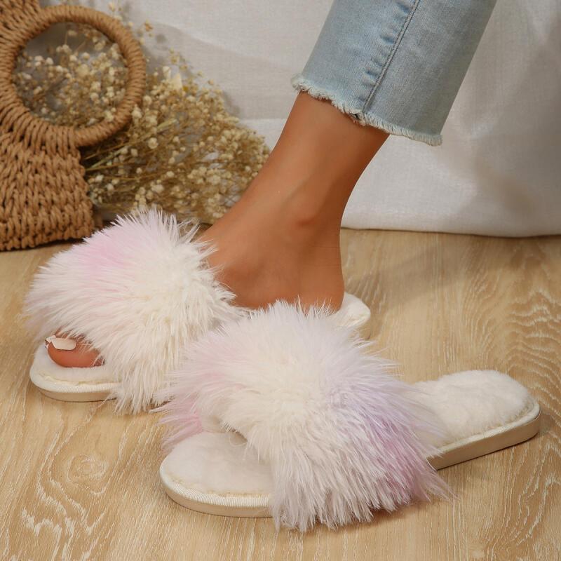 Fashion Fashion Patchwork Long Haired Decoration Straps Slides Women 2025 Soft Flat Heels Slippers Comfortable Non Slip Shoes Plus Size
