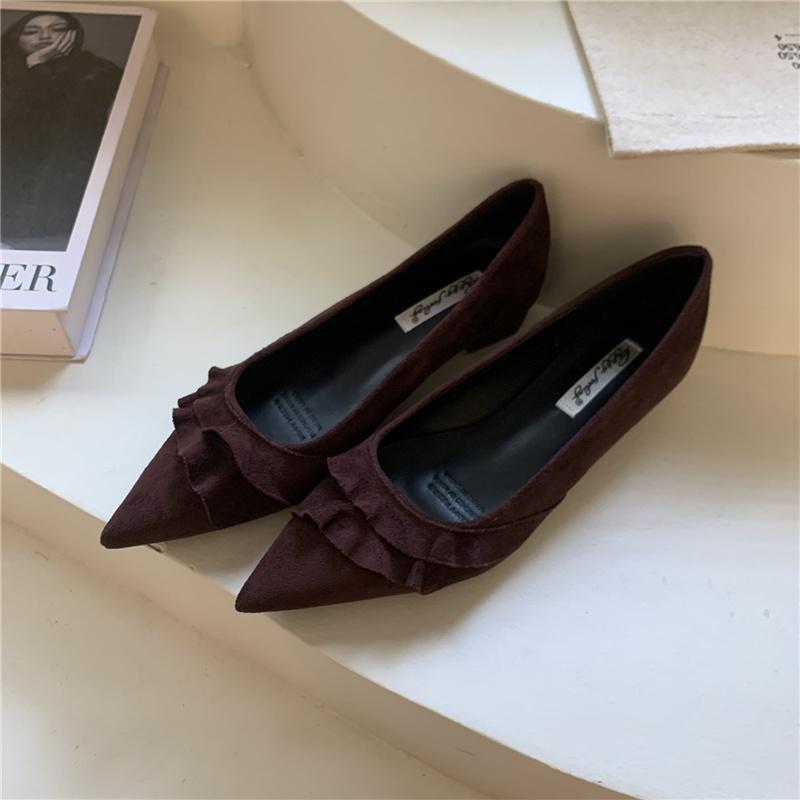 

Fashion Bailamos 2025 Autumn Women Single Shoes Square Low Heel Dress Pumps Shoes Fashion Ruffles Pointed Toe Shallow Slip On Boat Shoes 40