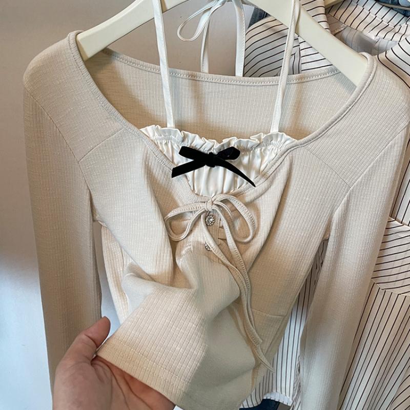 Pink Sweet Spicy Fake Two Pieces Long Sleeve T-shirt Women's Early Autumn Ballet Style Slim Fit Spicy Girl Bow Short Top