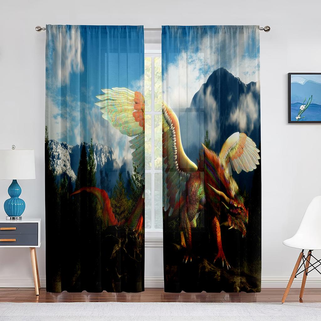 Fantasy Medieval Dragon Tulle Curtains for Bedroom Home Living Room Art Decoration Chiffon Sheer Voile Kitchen Window Curtain
