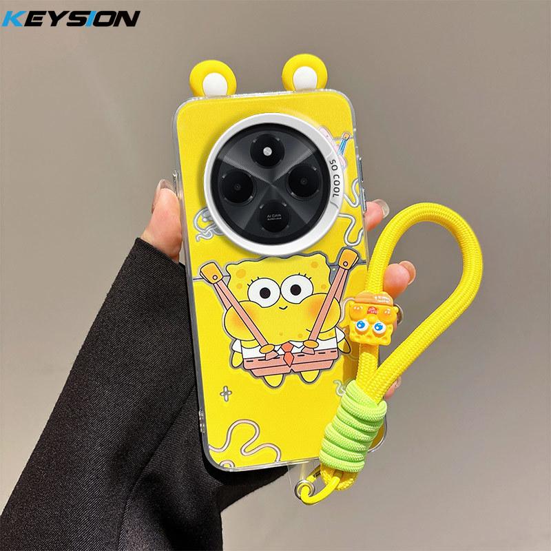KEYSION Cute Ear Cartoon Case for Redmi 14C with Lanyard Soft Silicone+PC Shockproof Phone Back Cover for Xiaomi POCO C75