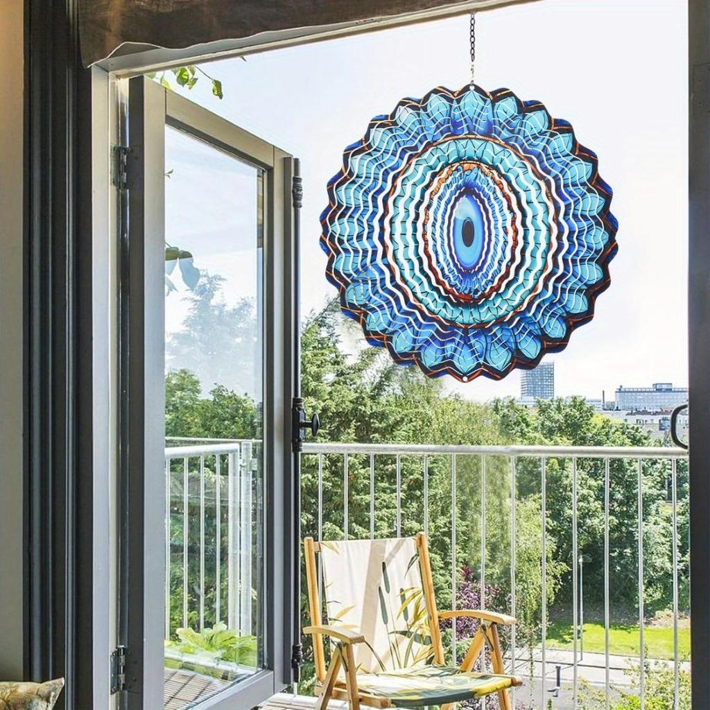 Kinetic Metal Evil Eye Wind Spinner - Intricate Blue & Turquoise Stained Glass Design - Versatile Indoor/Outdoor Art for Garden, Patio
