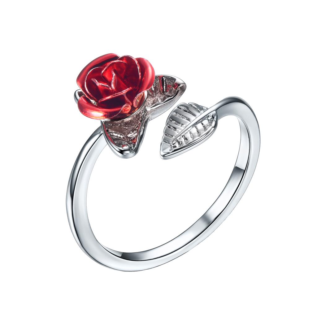 Leaf and Red Rose Flower Open Rings Cuff for Women Flower Charm Adjustable Size Love Romantic Birthday Jewelry GIft for Her
