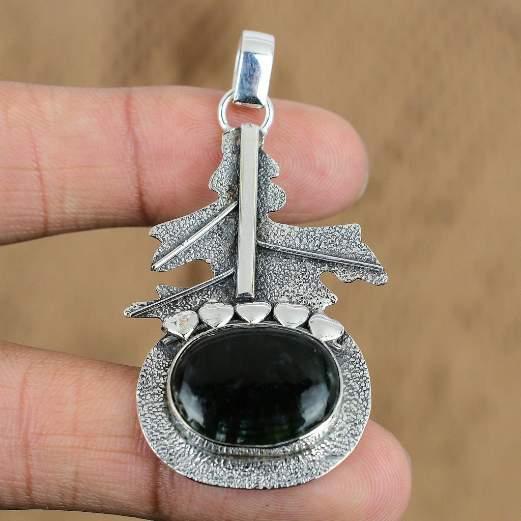Natural Seraphinite Gemstone Pendant 925 Sterling Silver Jewelry For Women