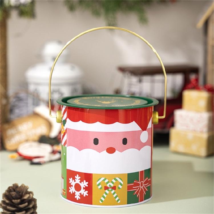 2pcs Decorative Christmas Candy Boxes Handheld Round Bucket Portable Sweets Tins with Handle for Family Gathering