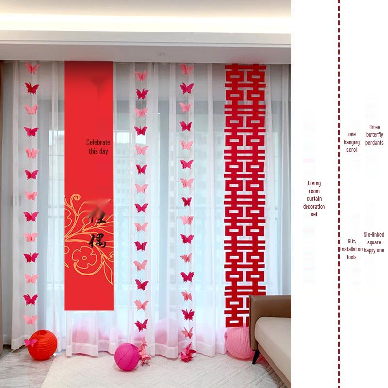3D Butterfly Wedding Room Decoration Set: Double Happiness Curtains and Pull Flower Ornaments