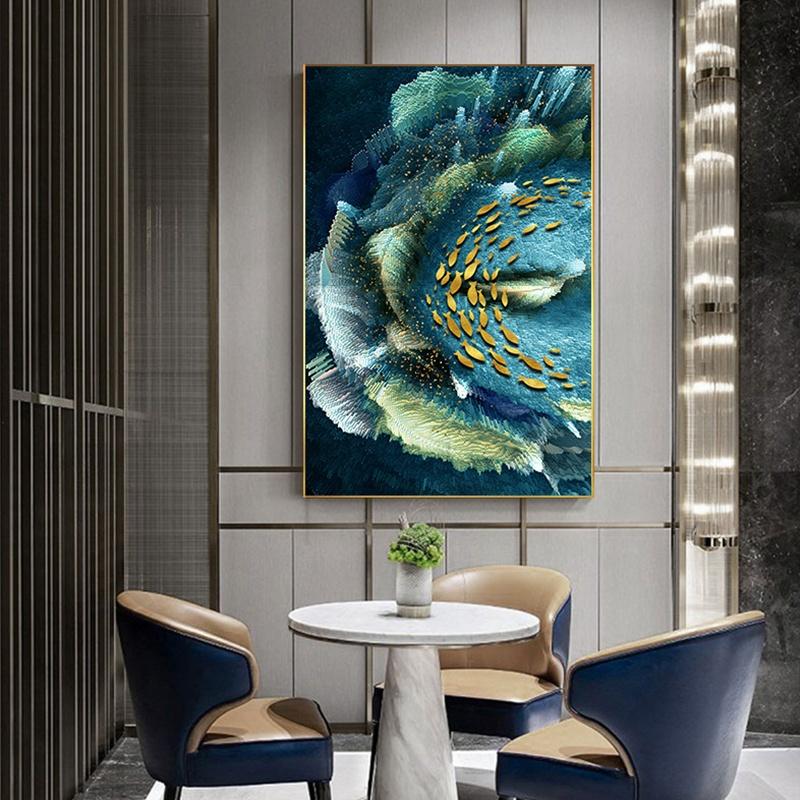 Gold Feather Canvas Painting Large Blue Poster Green Printing Luxury Wall Art Painting Living Room