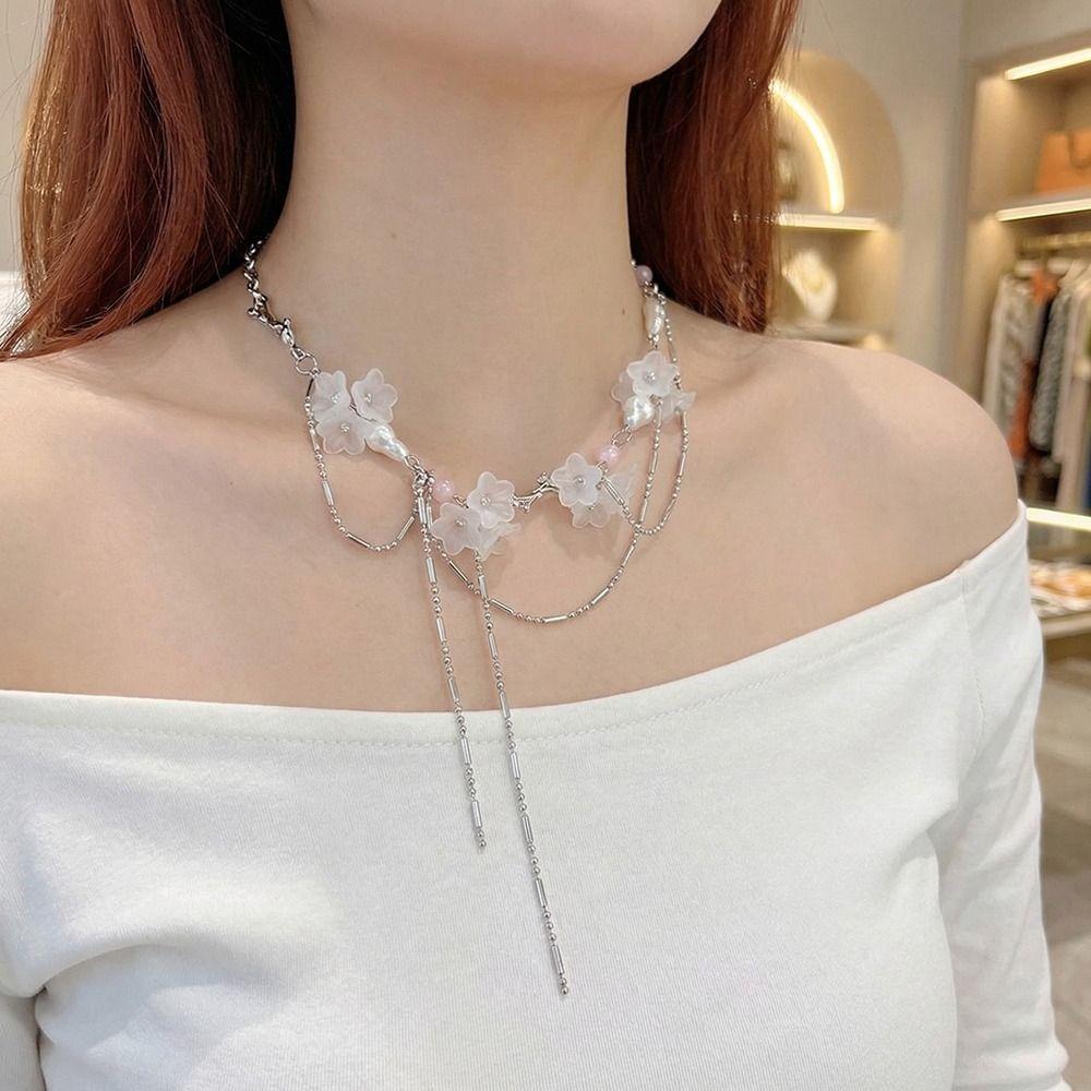 Light Luxury Sakura Necklace French Design Lockbone Chain Tassel Necklace  Niche Collection
