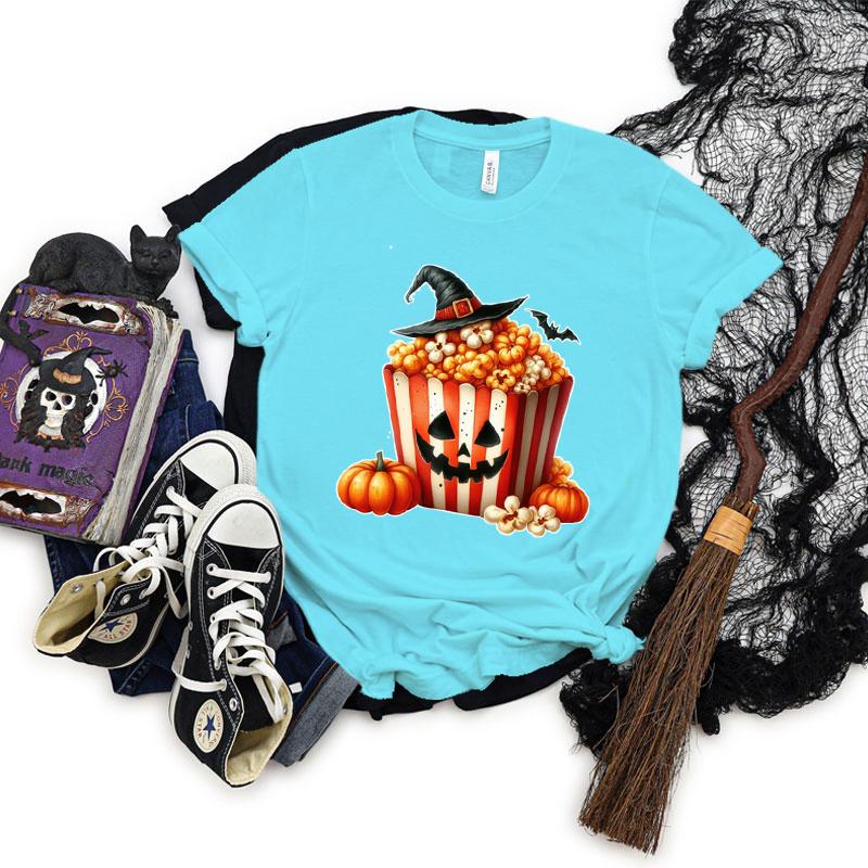Halloween Popcorn Graphic Short Sleeve Tshirt Women Pumpkin Witch Hats Graphic Classic Tops Horror Popcorn Halloween Tshirts