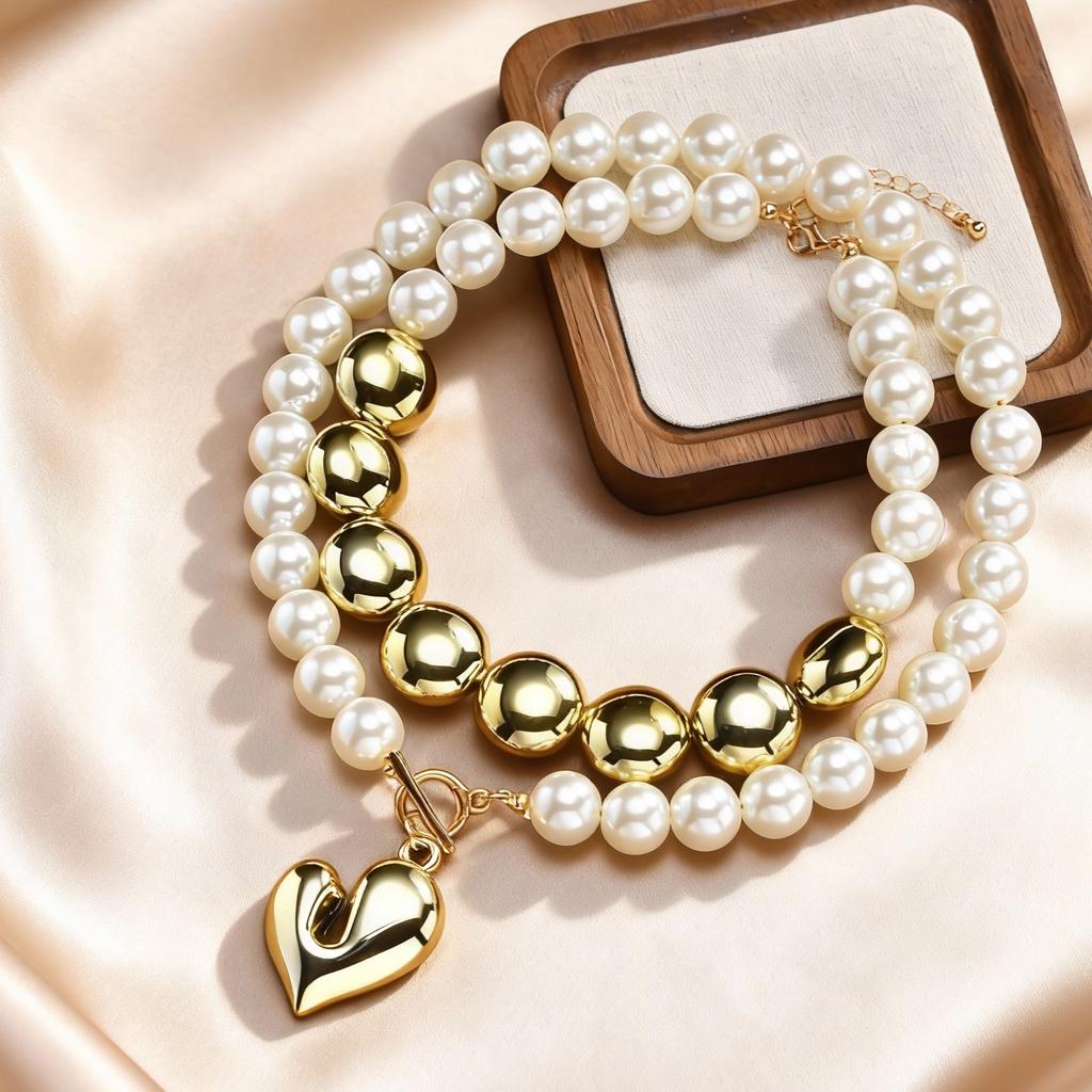 2pcs Exaggerated Big Ball Beaded Chain Necklace for Women, Heart Pendant Imitation Pearl Choker Collar, Vintage Fashion Jewelry