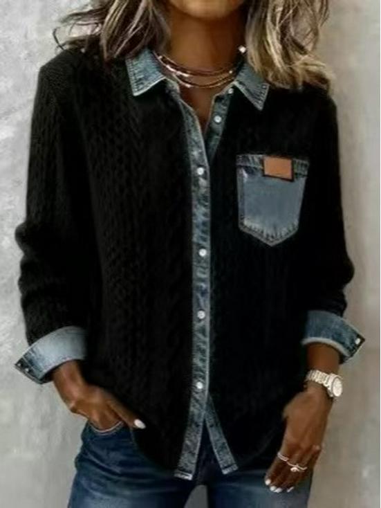 2025 European Style Women's Knit Patchwork Denim Cardigan - Versatile Long Sleeve for Autumn/Winter Fashion.