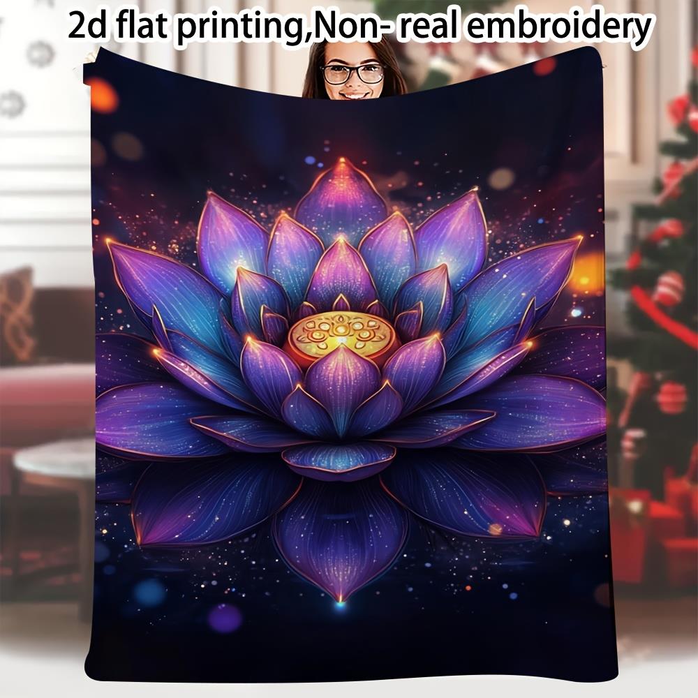 

Lotus Print Flannel Blanket, Deep Purple Blue with Gold Accent, Soft Breathable All Season Throw, Zen Style Home Decor Gift 75x90cm