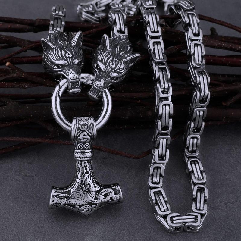 New High Quality Halloween Men's Viking Wolf Head Necklace Hammer Pendant Fashion Trend Necklace