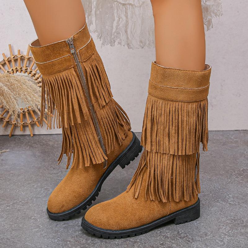 Comércio exterior novas botas de camurça europeias e americanas de camada dupla com franjas botas altas de cowboy de salto grosso com zíper lateral para mulheres