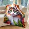 Calico Cat Surrounded By Leaves. Pattern Blanket Flannel Material Soft Warm for All Seasons, Home Outdoor Camping Picnics RV