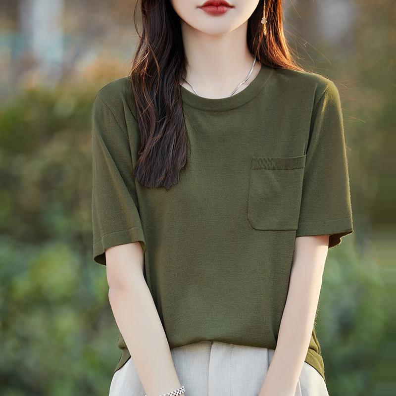 Summer Breathable Short-sleeved Women's Round Neck Pocket T-shirt Half-sleeved Bottoming Shirt