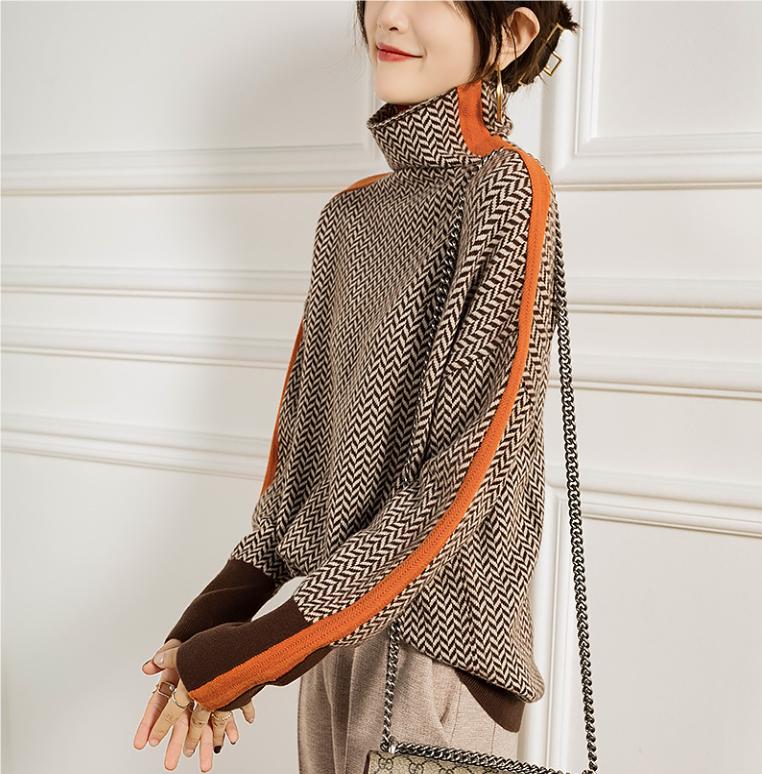 Winter Women's Turtleneck Sweater Warm Pullover Commuter Elegant Loose Casual Women's Retro Contrast Color