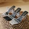 Fashion Higher Quality Rhinestone Thin Heel Women Sandals Transparent PVC Fashion Square Toe Slide Sandals Sexy Open Toe Designer Shoes