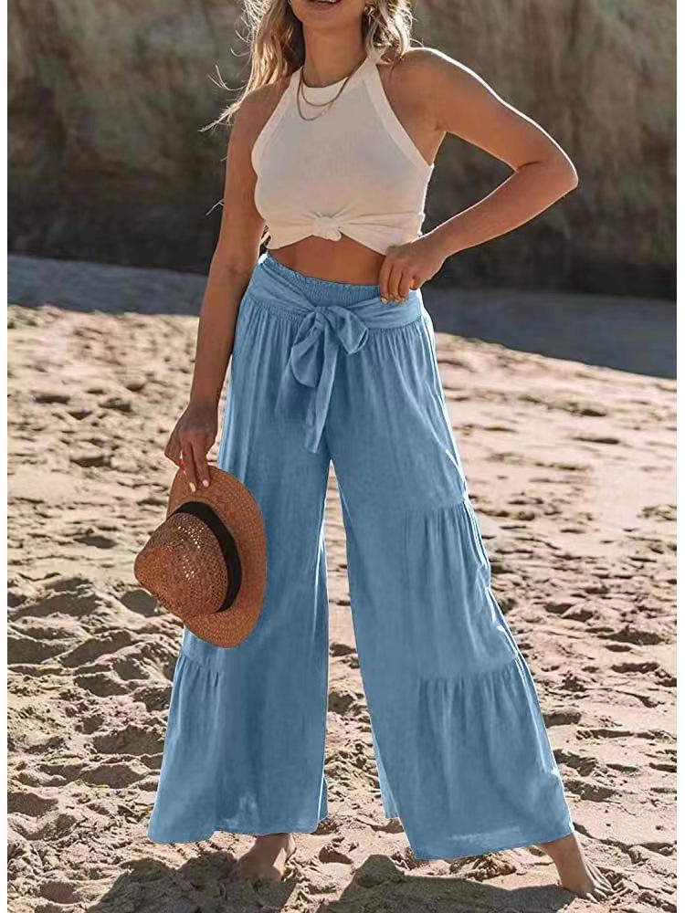 

Женские модные брюки с высокой талией, плиссированные, с широкими штанинами и деталями в виде завязок. Large небесно-голубой