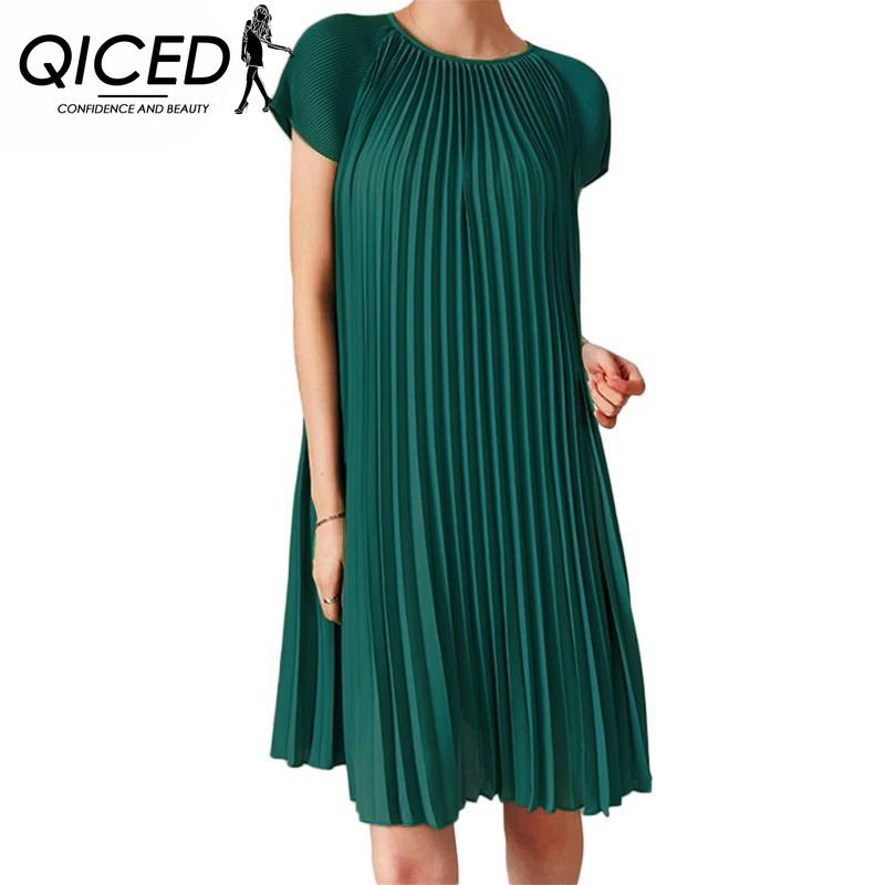QICED Women Casual Summer Short Sleeve Round Neck Pleated Dress