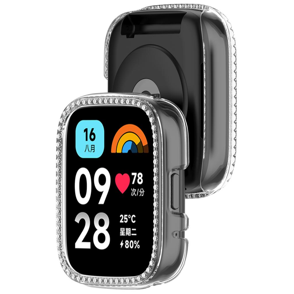 For Xiaomi Redmi Watch 3 Lite/Watch 3 Active Clear Watch Case Rhinestone Decorative Hollow Design PC Watch Cover