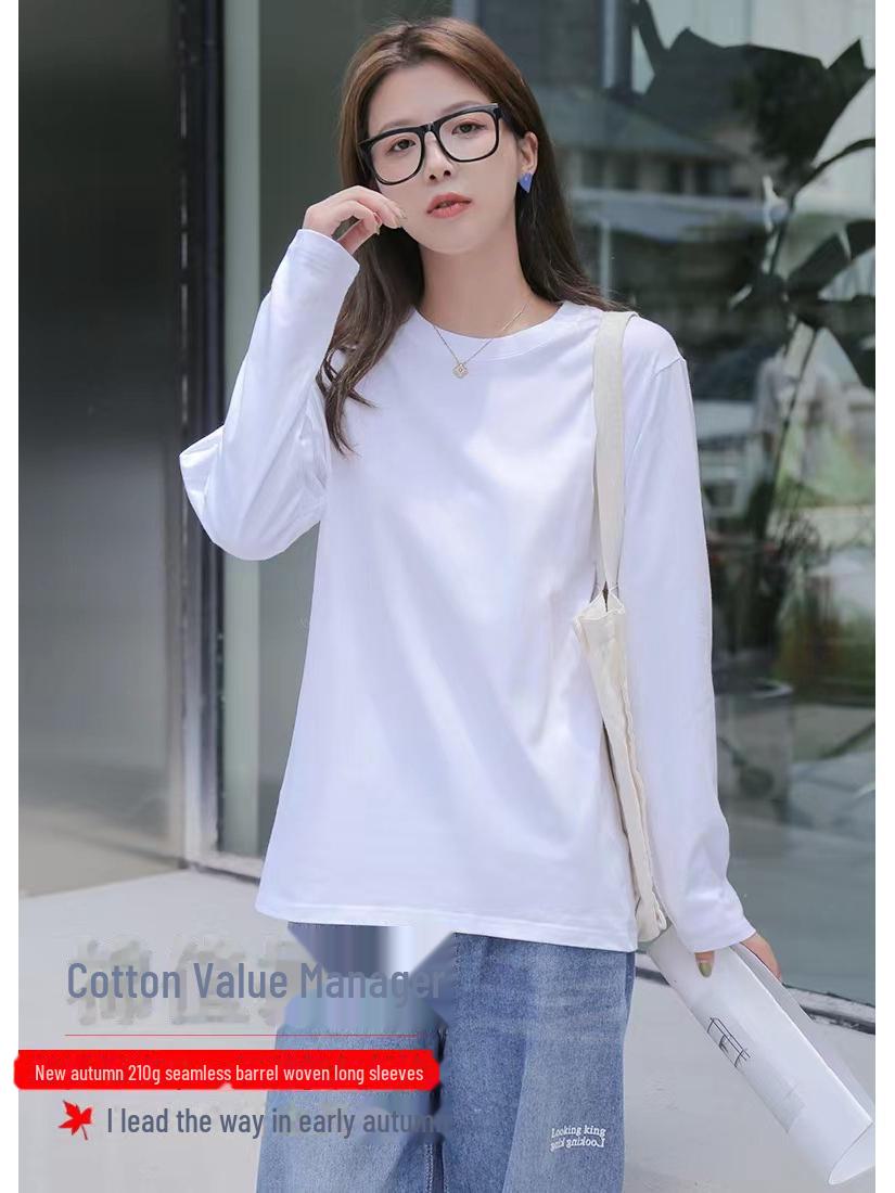 

Женская футболка из чистого хлопка с круглым вырезом и длинными рукавами: Свободный многослойный топ на осень/зиму M 100-120 lbs