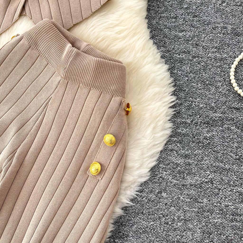 Casual Knitted Sweater Two Piece Sets for Women Metal-button V-neck Sleeveless Fitted Versatile Knit Top and Casual Pants Set