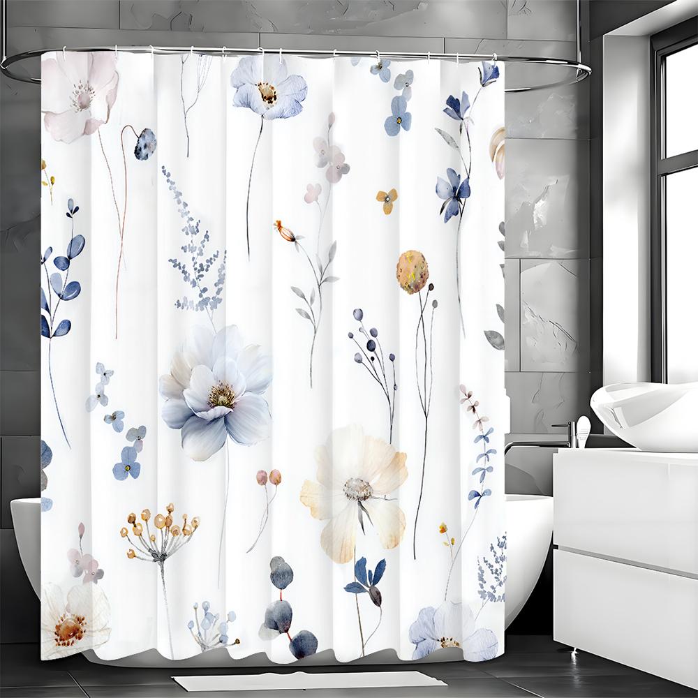 Spring Flower Plant Shower Curtain, Bathroom Decorative Shower Curtain, Waterproof Shower Curtain with Hooks