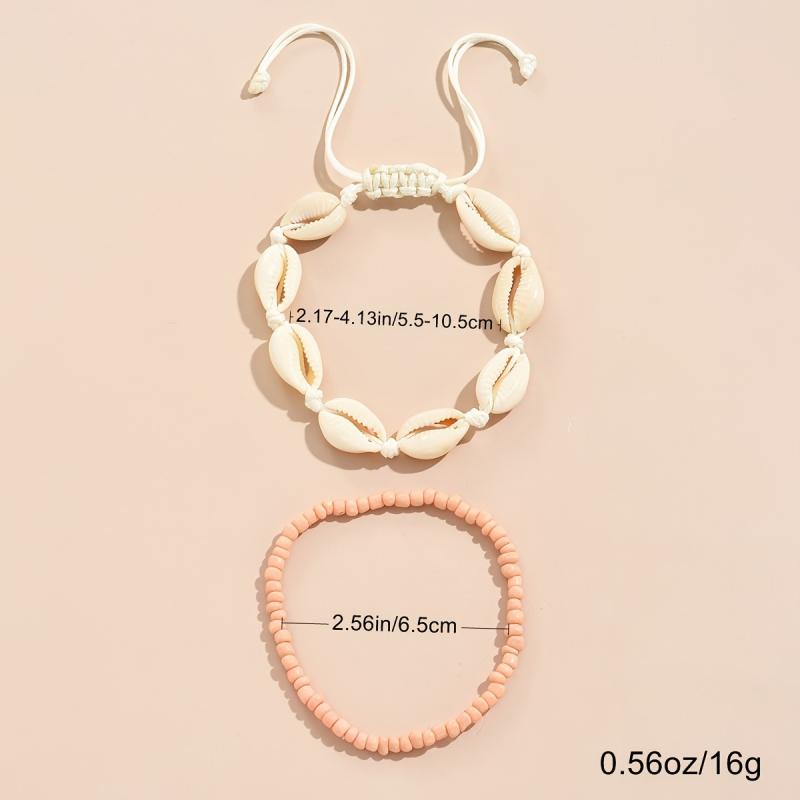 2PCS Summer Beach Anklet Handwoven Adjustable Shell Glass Bead Jewelry For Men Women Stackable Bohemian Vacation Accessories