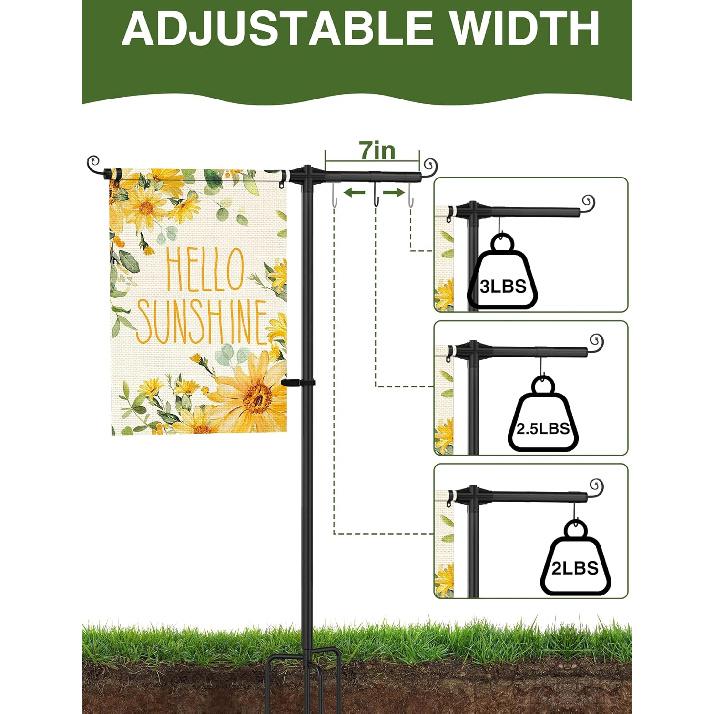Garden Flag Holder Stand with Shepherds Hooks, 63 Inch Extra Thick Weather-Proof Powder-Coated Yard Flag Holder with 4 Prong Base, Heavy Duty 3/4