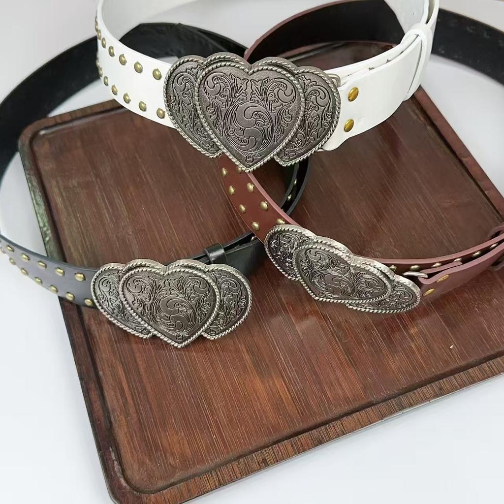 American retro denim design belt personalized yk rivet belt love belt Korean version versatile