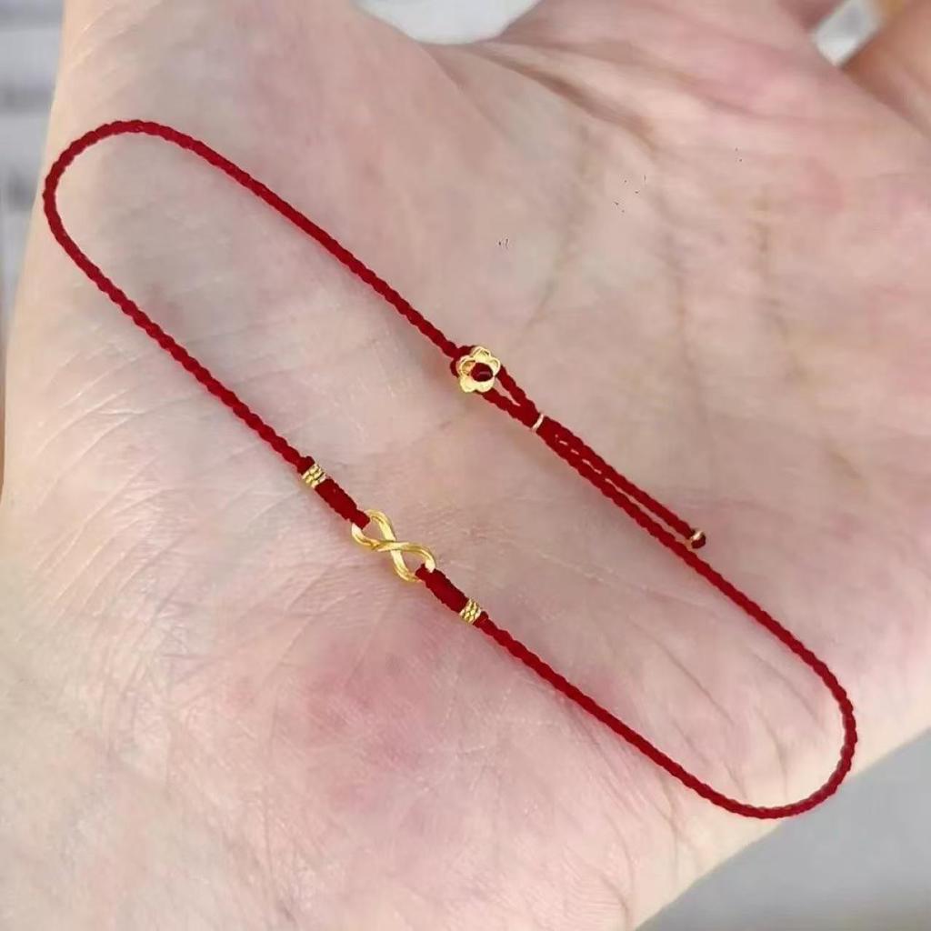 Exquisiteira Pulseira do Zodíaco Dourada Tecida à Mão com Corda Vermelha, Flor da Sorte e Fivela de Cauda Infinita para Mulheres.