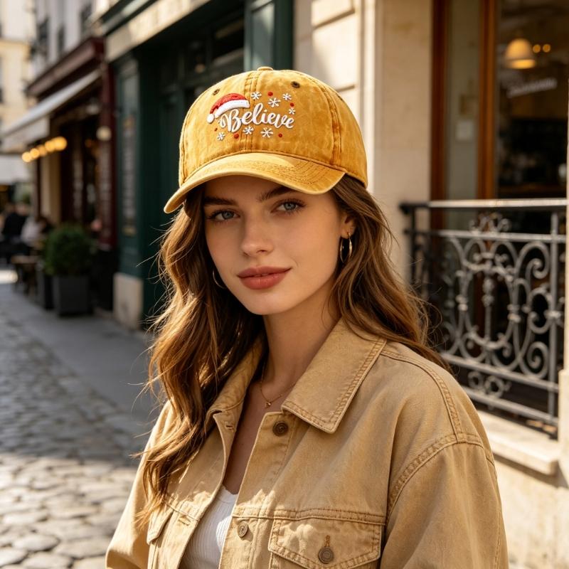 Arched Bill Baseball Cap with Textured Holiday Embroidery, Cotton Fabric and Comfortable Style for Everyday Outings