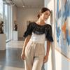 New Vintage Cheongsam Crochet Tippet Mesh Trim Ruffle Hollow-Out Shawl Black Off‑Shoulder Shawl Cape Coat Summer Sun Protection
