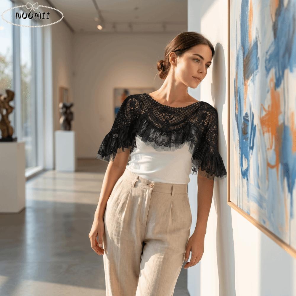 New Vintage Cheongsam Crochet Tippet Mesh Trim Ruffle Hollow-Out Shawl Black Off‑Shoulder Shawl Cape Coat Summer Sun Protection
