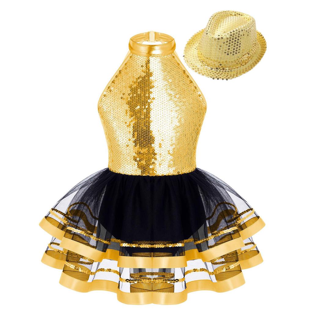 Sparkling Party & Performance Tutu for Girls: Halter Neck Backless Dress with Sequins, Includes Hat for Easy Complete Look