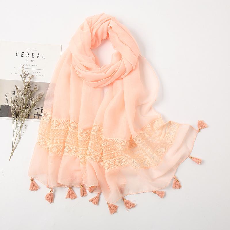 Elegant Lace Cotton Scarf With Tassel Shawl For Women Fashion Geometry Design Muslim Hijab Big Size Scarves 210*70Cm