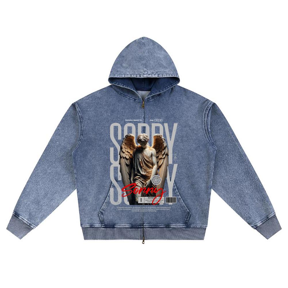 Impresión DTG Sudadera con Cremallera de Mezclilla Tejida Streetwear Ángel Estampado Hermano Sudaderas con Cremallera