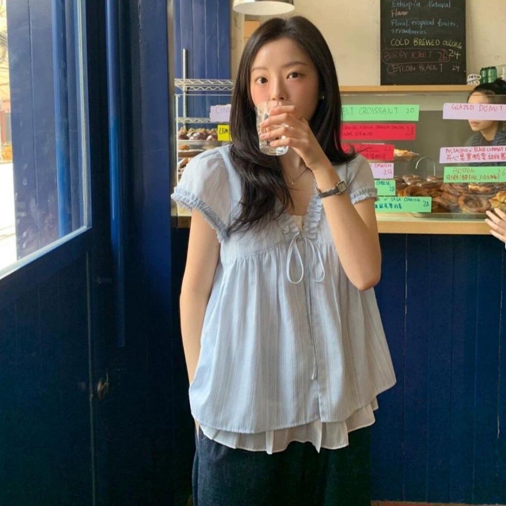 French Blue Fake Two-Piece Puff Hem V-Neck Blouse Women's Summer Design Sense Age-Reducing Loose Short Sleeve Baby Shirt Top